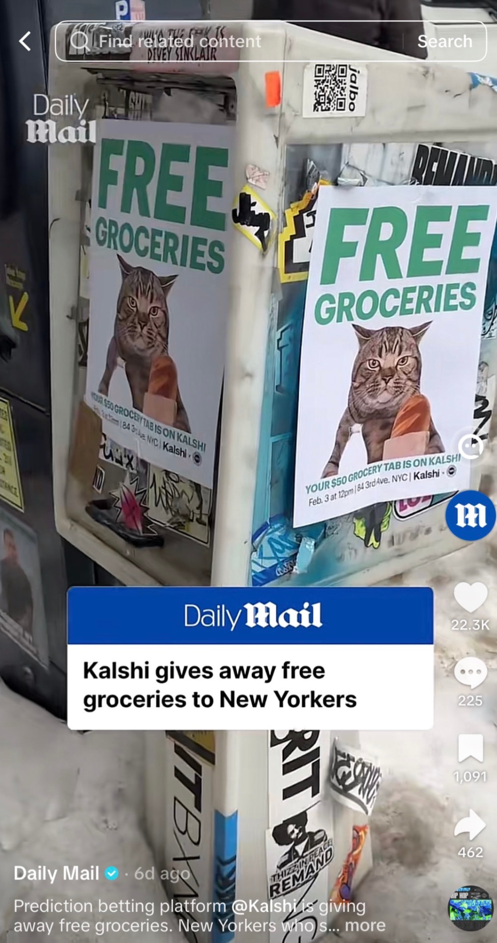 Daily Mail social coverage showing CRWD campaign flyers for Kalshi's free grocery activation