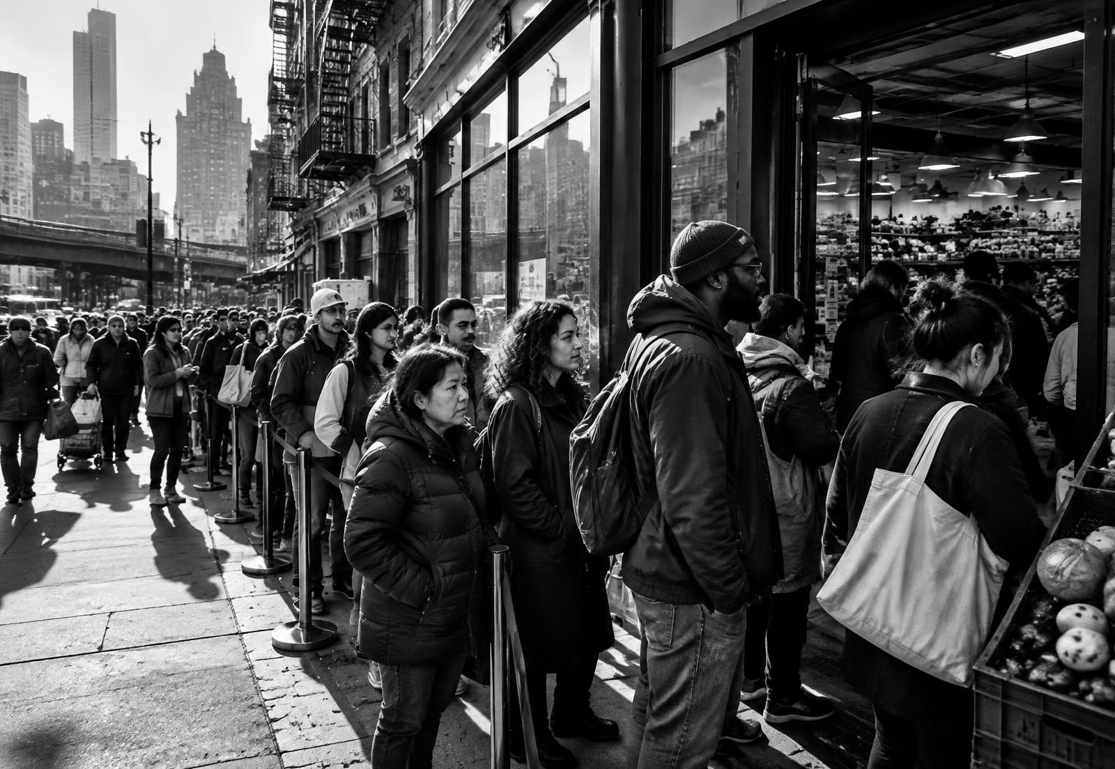 Crowds line up outside a New York grocery store