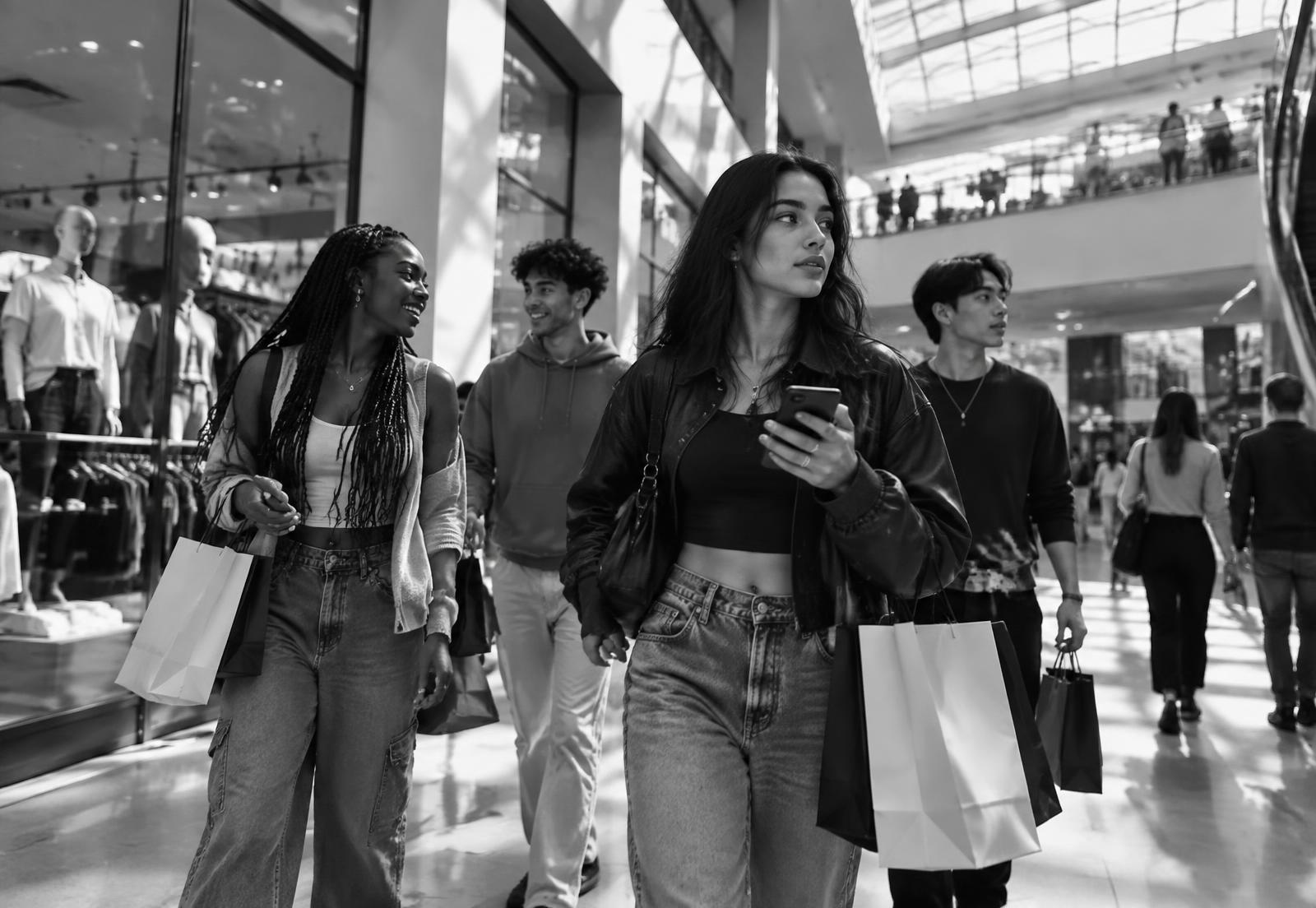 Young creators walk through a busy shopping mall